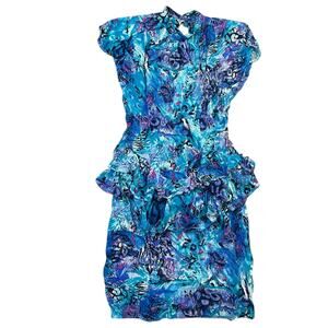 Vtg 80s Rampage Blue Midi Dress Womens 11/12 Ruffles Abstract Maximalist Grunge